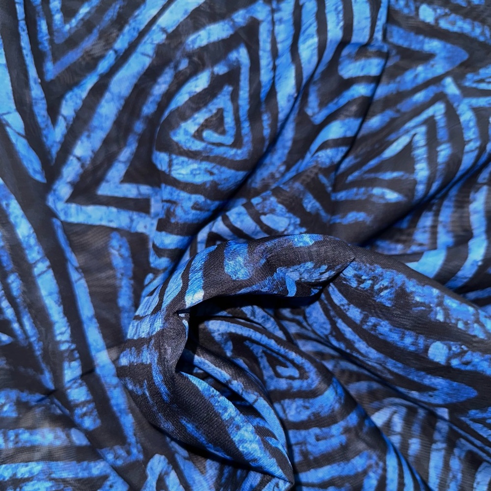 African Print, Chiffon Fabric - Blue, Black "Afreek", ~2 Yards